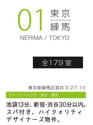東京　練馬　NERIMA / TOKYO 全179室　東京都練馬区貫井 3-27-10　ディーケーハウス　東京・練馬　【池袋１3分、新宿・渋谷３0分以内。スパ付き、ハイクォリティデザイナーズ物件。